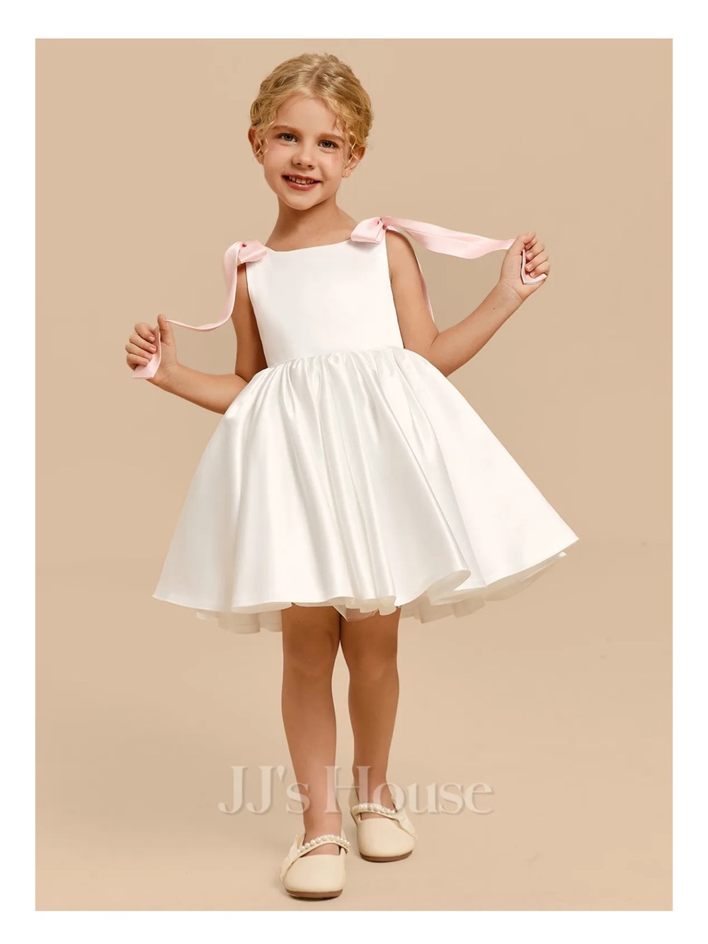 JJ's House White Satin Flower Girl Dress with Pink Shoulder Ties
